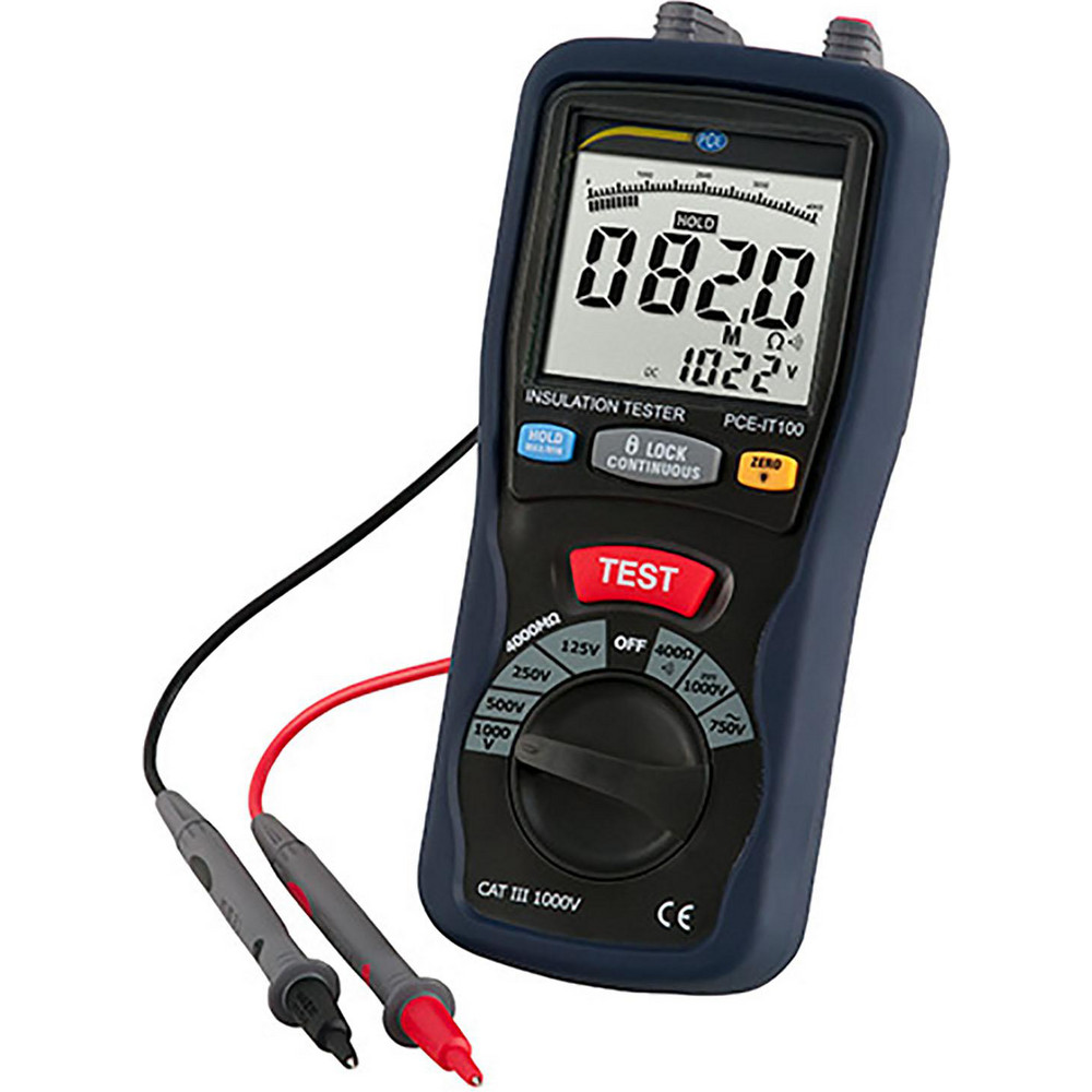 PCE Instruments Electrical Insulation Resistance Testers & Megohmmeters; Display Type: Digital LCD; Power Supply: Battery Operated Megohmmeters; Resistance Capacity (Megohm): 4000; Maximum Test Voltage: 1000 V; Amperage: 200.0000; Overall Length: 7.90; Overall Height: 3.6 in; Overall Width: 2 - PCE-IT100