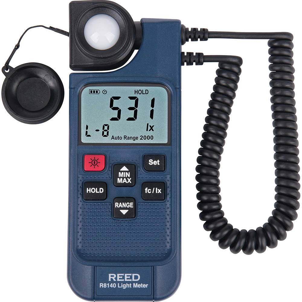 REED Instruments Light Meters: Compatible Lighting: Incandescent, Daylight, Light, Fluorescent, Halogen, Mercury; Maximum Measurement: 100,000 Lux (9290 Fc); Minimum Measurement: 0 (Lux, Fc); Accuracy: ±(5% rdg.+ 10dgt), ±(3.5% rdg.+ 10dgt) - R1630-KIT