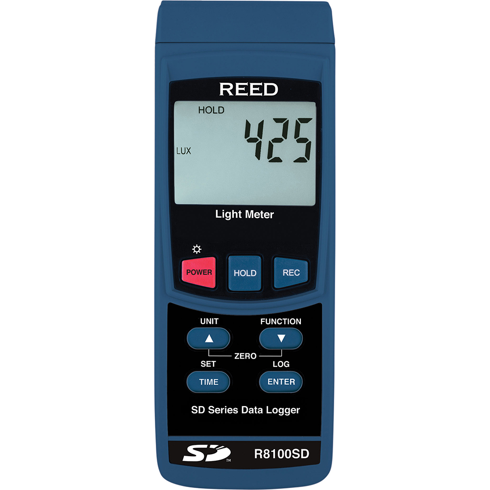 REED Instruments Light Meters: Compatible Lighting: Incandescent, Daylight, Light, Fluorescent, Halogen, Mercury; Maximum Measurement: 100,000 Lux (9290 Fc); Minimum Measurement: 0 (Lux, Fc); Accuracy: ±(5% rdg.+ 10dgt), ±(3.5% rdg.+ 10dgt) - R1630-KIT