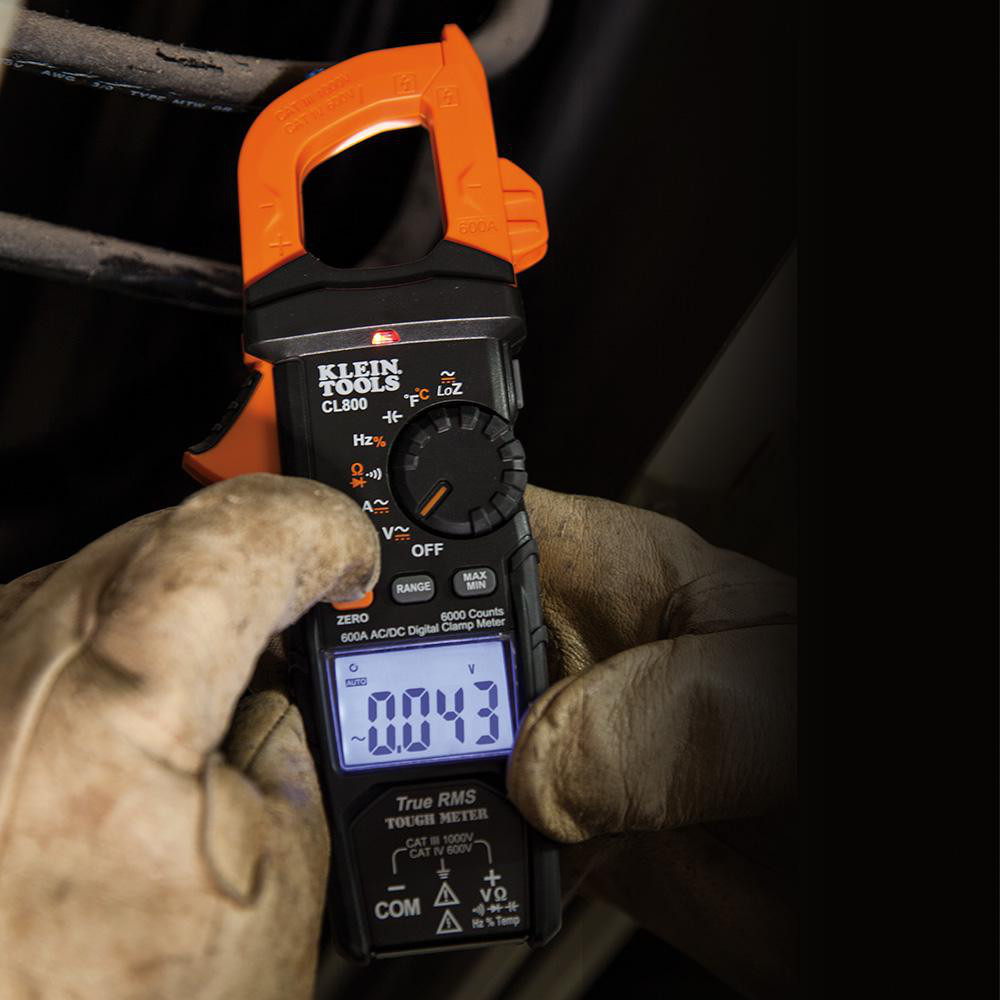 Klein Tools Auto Ranging Clamp Meter: CAT IV, 2" Jaw, Curved Jaw - CL800