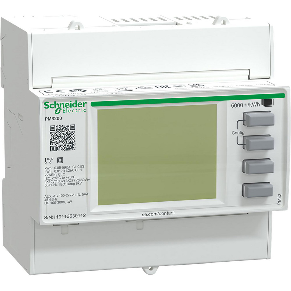 Schneider Electric Power Meters & Analyzers: Meter Type: Power Meter; Application: Energy cost and usage analysis per zone, per usage or per time period to optimise energy usage, Metering of electrical parameters to better understand the behaviour of your electrical distribution system, Aggregation of energy consumption, including WAGES, and cost allocation per area, per usage, per shift or per time within the same facility, Bill checking to verify that you are only charged for the energy you use; Maximum Current Capability (A): 6.00 - METSEPM3200