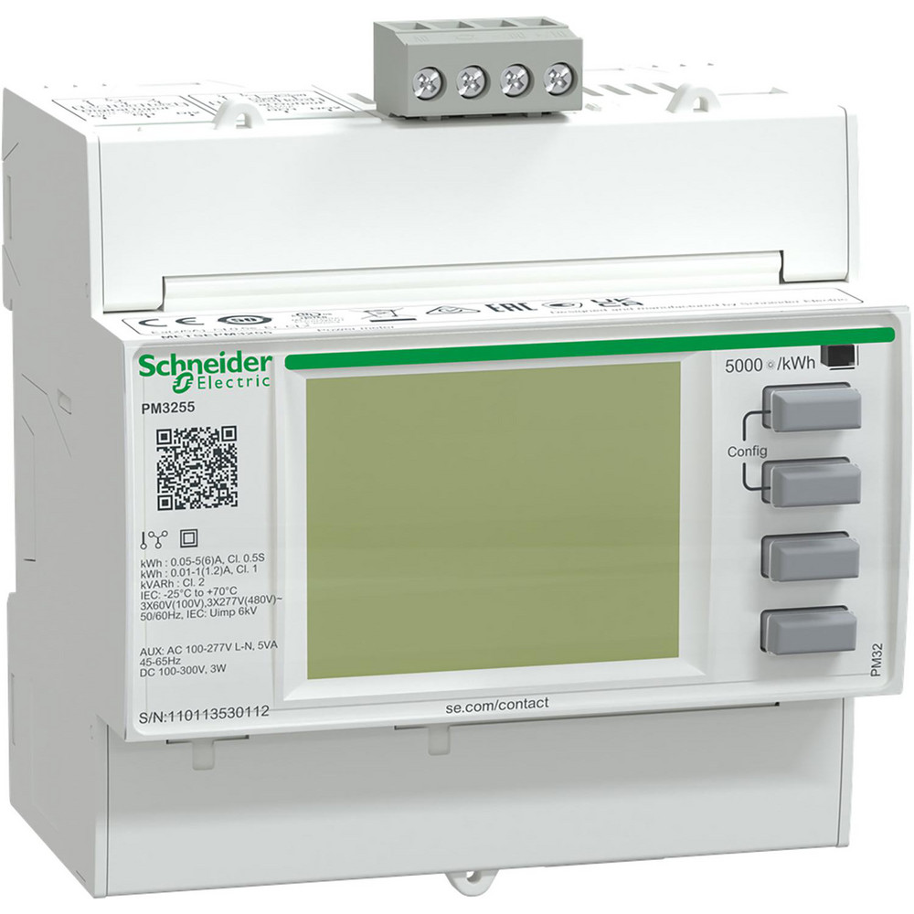 Schneider Electric Power Meters & Analyzers: Meter Type: Power Meter; Application: Energy cost and usage analysis per zone, per usage or per time period to optimise energy usage, Metering of electrical parameters to better understand the behaviour of your electrical distribution system, Aggregation of energy consumption, including WAGES, and cost allocation per area, per usage, per shift or per time within the same facility, Bill checking to verify that you are only charged for the energy you use; Maximum Current Capability (A): 6.00 - METSEPM3255