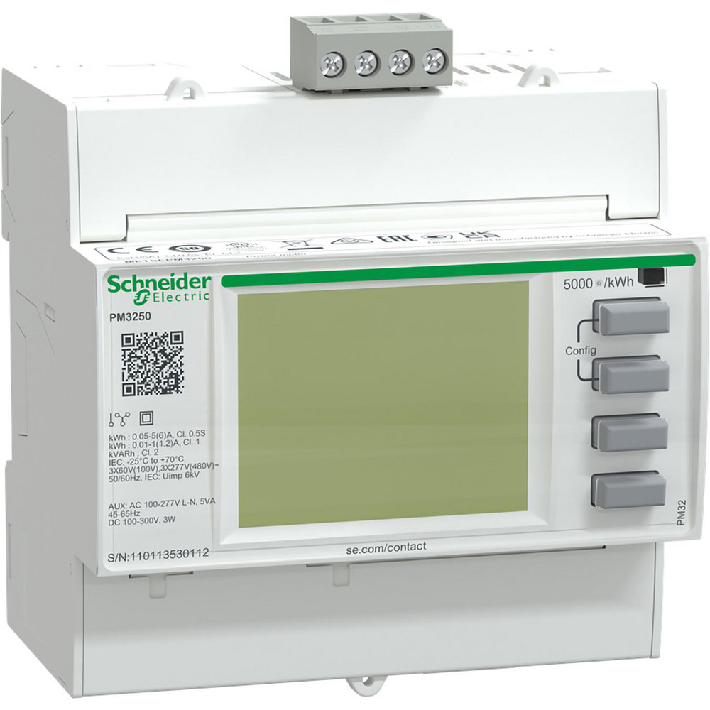 Schneider Electric Power Meters & Analyzers: Meter Type: Power Meter; Application: Energy cost and usage analysis per zone, per usage or per time period to optimise energy usage, Metering of electrical parameters to better understand the behaviour of your electrical distribution system, Aggregation of energy consumption, including WAGES, and cost allocation per area, per usage, per shift or per time within the same facility, Bill checking to verify that you are only charged for the energy you use; Maximum Current Capability (A): 6.00 - METSEPM3255