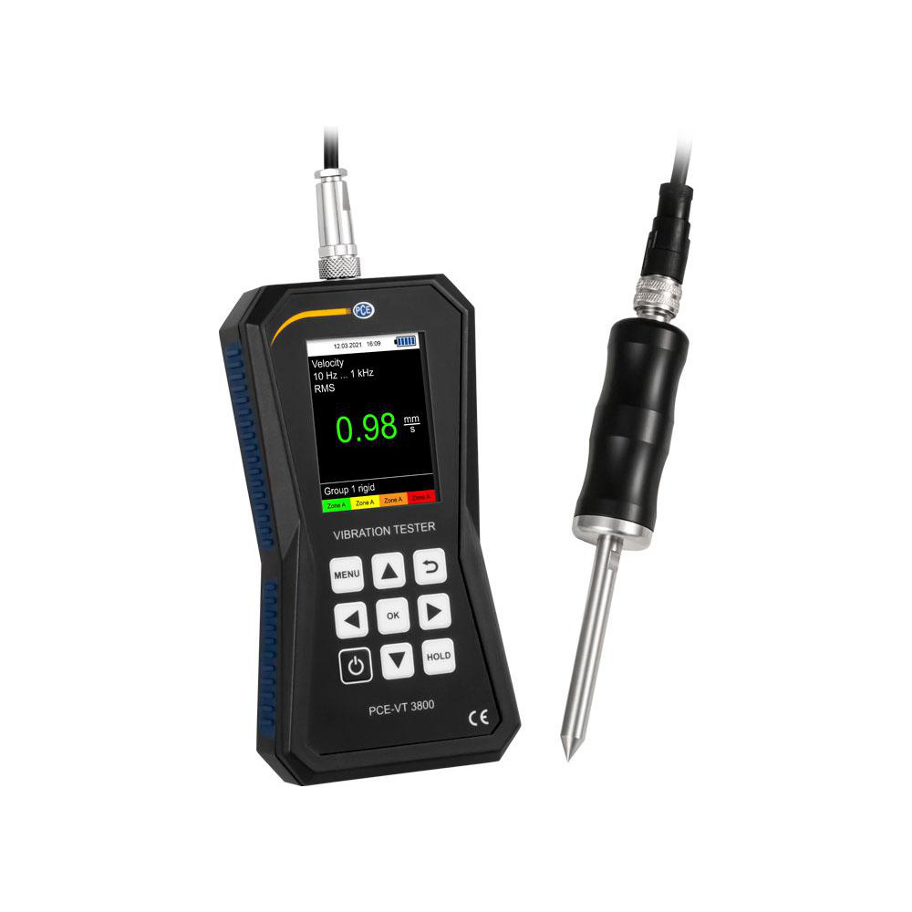 PCE Instruments Vibration Meters; Meter Type: Vibration Meter; Vibration Meter Datalogger; Vibration Tester; Vibration Measurement Range: 1-10; Display Type: 2.2" Color Display; Minimum Operating Temperature: 32; Maximum Operating Temperature: 104; Measures: Vibration; Acceleration; Velocity; Displacement - PCE-VT 1300S