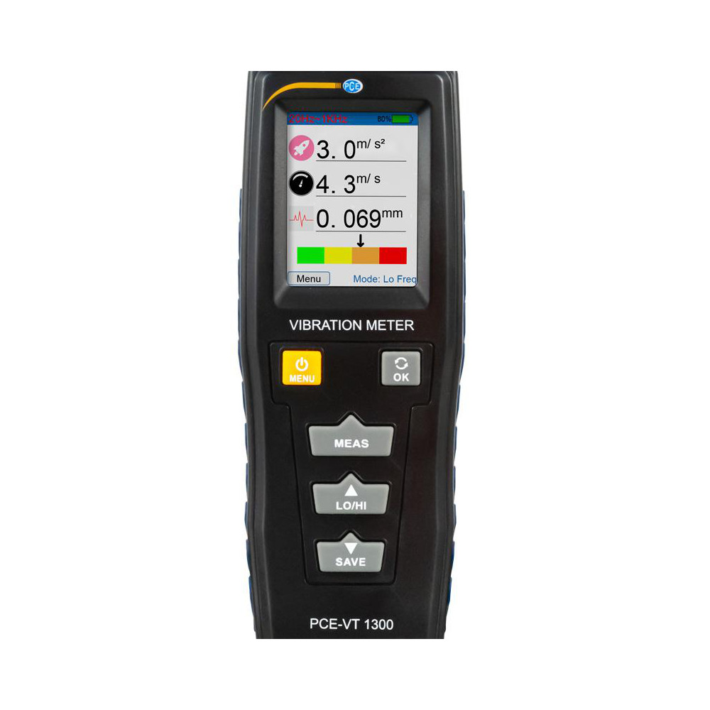 PCE Instruments Vibration Meters; Meter Type: Vibration Meter; Vibration Meter Datalogger; Vibration Tester; Vibration Measurement Range: 1-10; Display Type: 2.2" Color Display; Minimum Operating Temperature: 32; Maximum Operating Temperature: 104; Measures: Vibration; Acceleration; Velocity; Displacement - PCE-VT 1300S