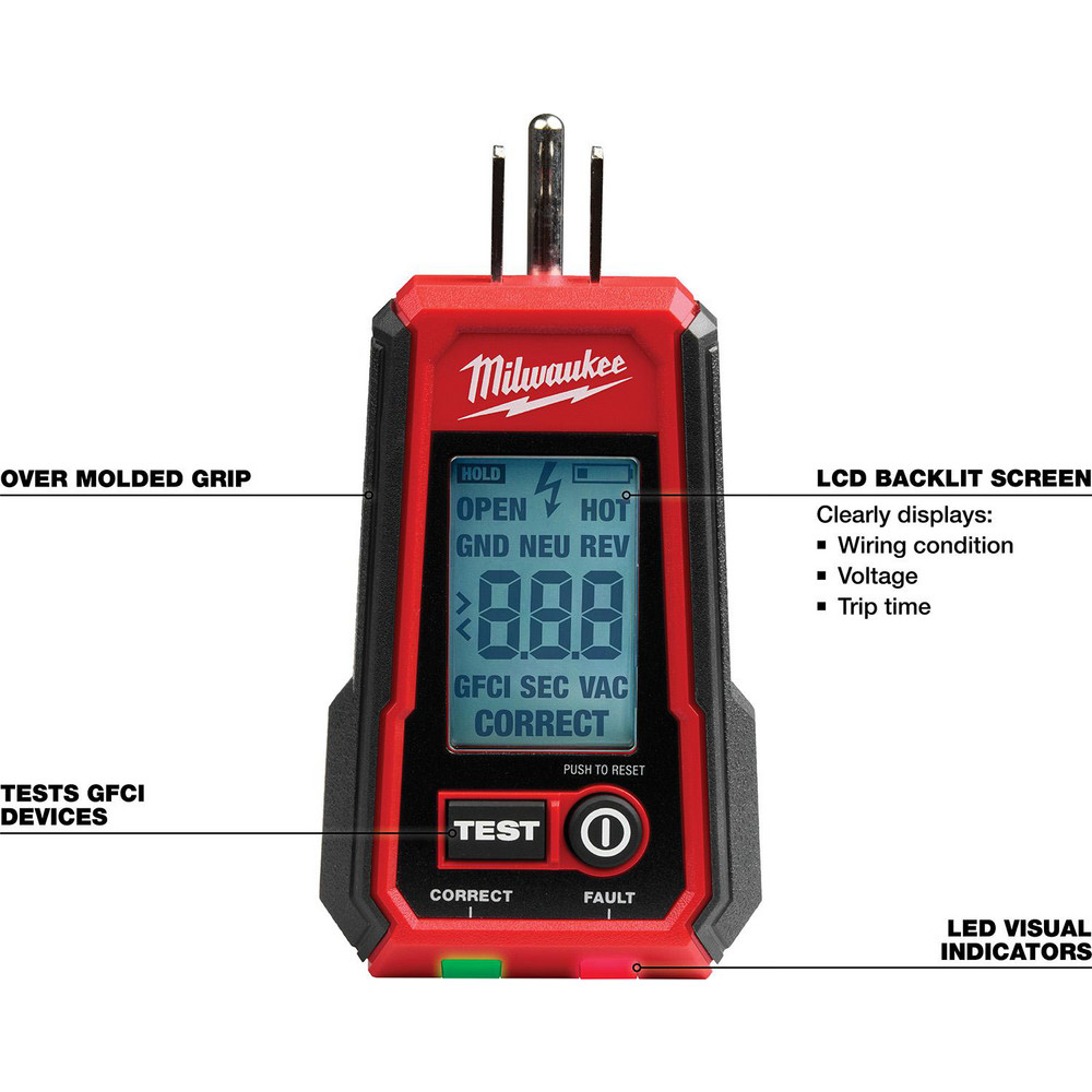 Milwaukee Tool Circuit Continuity & Voltage Testers: Tester Type: Receptacle Tester with GFCI; Minimum Voltage: 0 V; Maximum Voltage: 135V AC; Display Type: Digital LCD - 2224-20