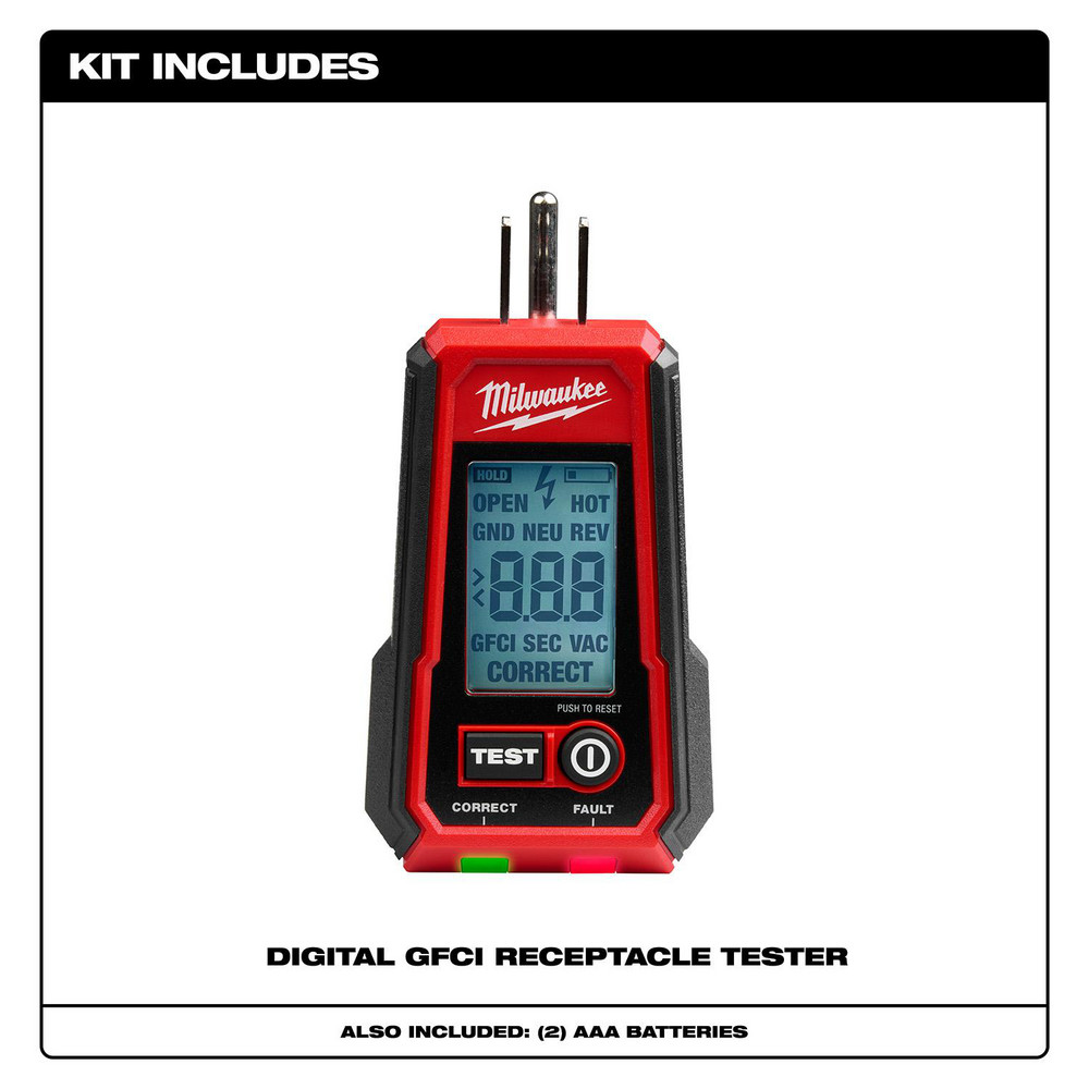Milwaukee Tool Circuit Continuity & Voltage Testers: Tester Type: Receptacle Tester with GFCI; Minimum Voltage: 0 V; Maximum Voltage: 135V AC; Display Type: Digital LCD - 2224-20