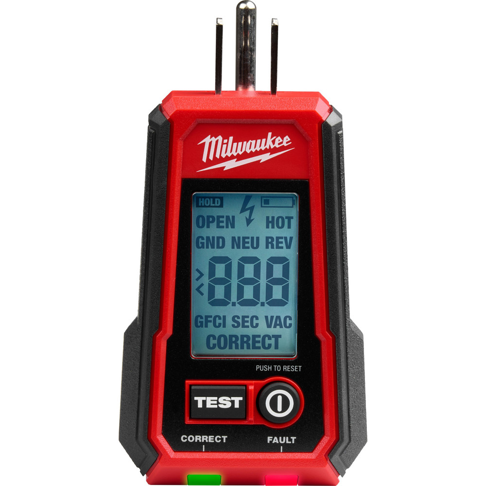 Milwaukee Tool Circuit Continuity & Voltage Testers: Tester Type: Receptacle Tester with GFCI; Minimum Voltage: 0 V; Maximum Voltage: 135V AC; Display Type: Digital LCD - 2224-20