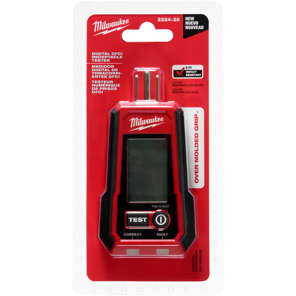 Milwaukee Tool Circuit Continuity & Voltage Testers: Tester Type: Receptacle Tester with GFCI; Minimum Voltage: 0 V; Maximum Voltage: 135V AC; Display Type: Digital LCD - 2224-20