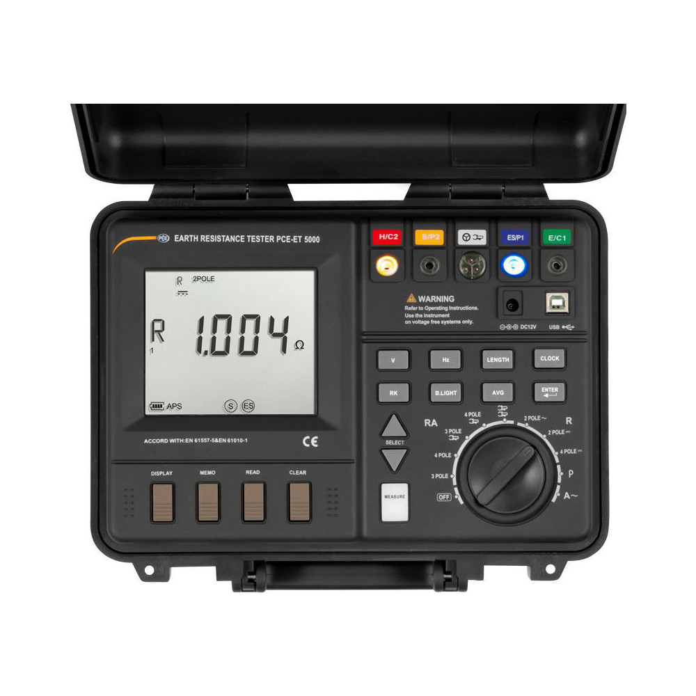 PCE Instruments Earth Ground Resistance Testers; Maximum Earth Ground Resistance (kiloohm): 300; Minimum Earth Ground Resistance (kiloohm): 0.00002; Minimum Resolution: 0.001; Operating Frequency (Hz): 400; Maximum Resolution: 0.002; Cat Rating: CAT III; Accuracy: 5; Amperage: 250.0000; Voltage: 48.00 - PCE-ET 5000