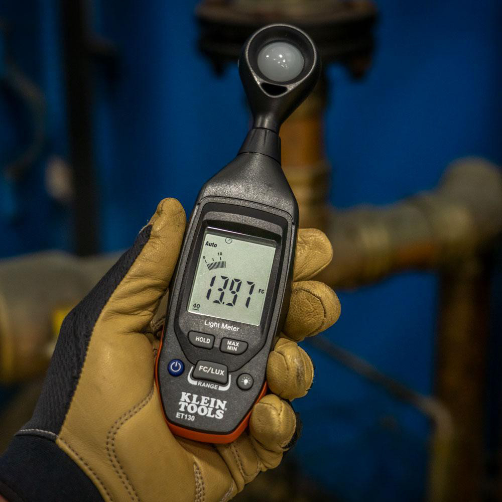 Klein Tools Light Meters; Compatible Lighting: Light; Maximum Measurement (FC): 4000; Maximum Measurement (Lux): 40000 lx; Minimum Measurement: 0.0 lx; Minimum Measurement (FC): 0; Minimum Measurement (Lux): 0; Accuracy ± (%): +/- 5 % reading +/-10 digits @ 10,000 Lux; Maximum Measurement (RPM): 40000 lx - ET130