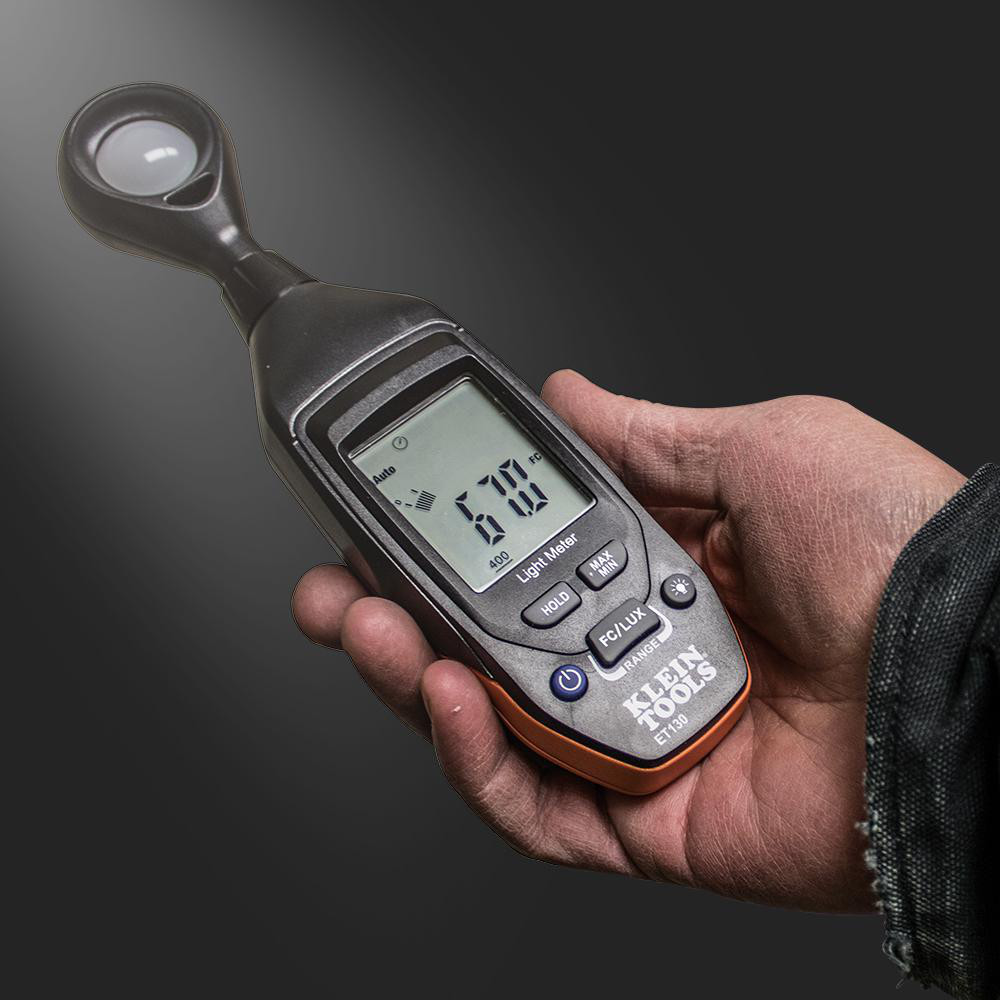 Klein Tools Light Meters; Compatible Lighting: Light; Maximum Measurement (FC): 4000; Maximum Measurement (Lux): 40000 lx; Minimum Measurement: 0.0 lx; Minimum Measurement (FC): 0; Minimum Measurement (Lux): 0; Accuracy ± (%): +/- 5 % reading +/-10 digits @ 10,000 Lux; Maximum Measurement (RPM): 40000 lx - ET130