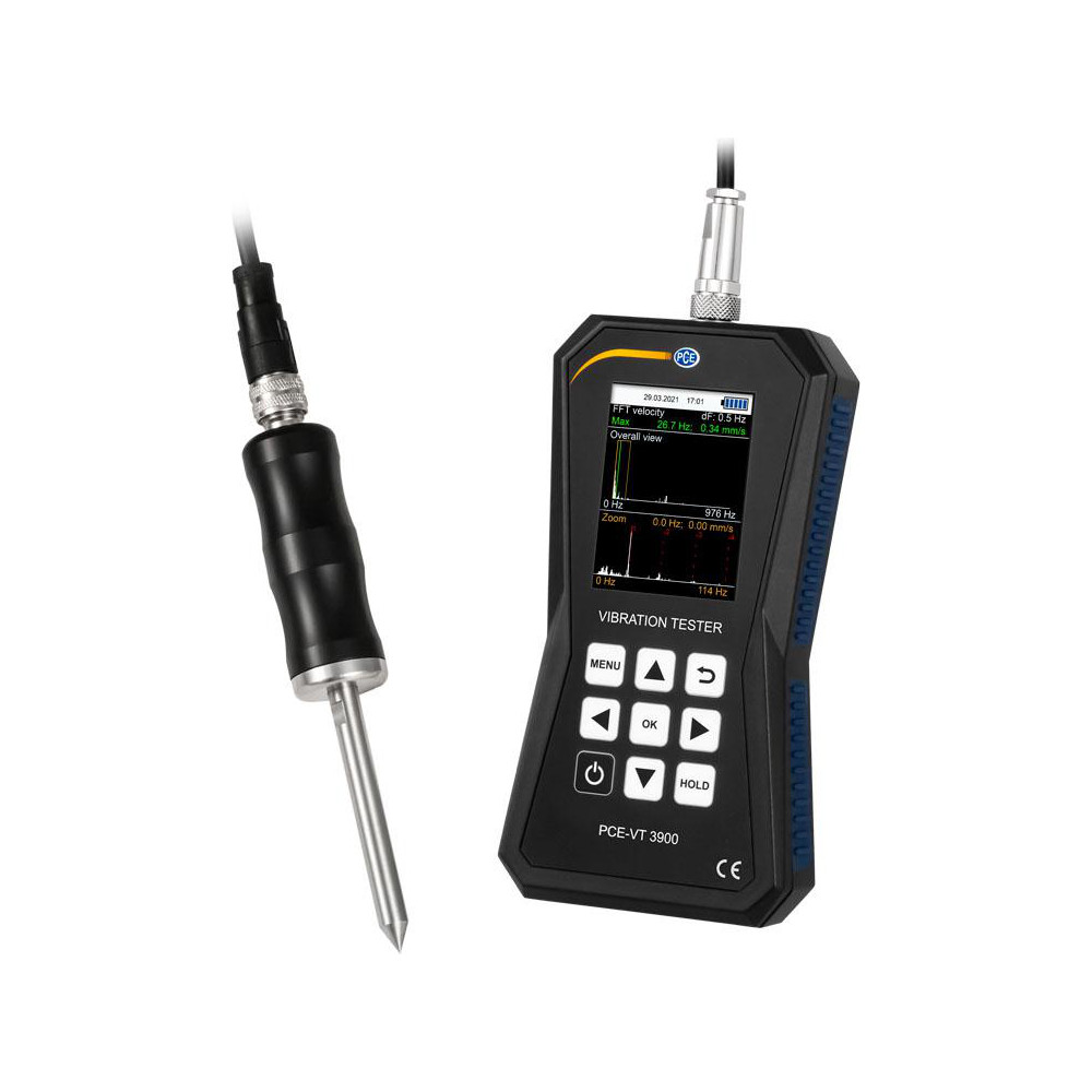 PCE Instruments Vibration Meters; Meter Type: Vibration Meter; Vibration Meter Datalogger; Vibration Tester; Vibration Measurement Range: 1-10; Display Type: 2.2" Color Display; Minimum Operating Temperature: -4; Maximum Operating Temperature: 149; Measures: Vibration; Frequency; Acceleration; Velocity - PCE-VT 3900S