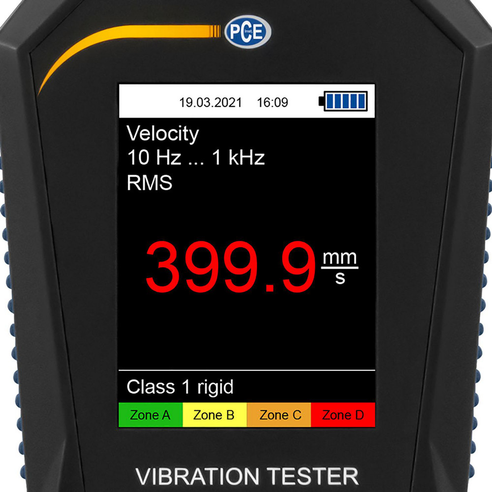 PCE Instruments Vibration Meters; Meter Type: Vibration Meter; Vibration Meter Datalogger; Vibration Tester; Vibration Measurement Range: 1-10; Display Type: 2.2" Color Display; Minimum Operating Temperature: -4; Maximum Operating Temperature: 149; Measures: Vibration; Frequency; Acceleration; Velocity - PCE-VT 3900S