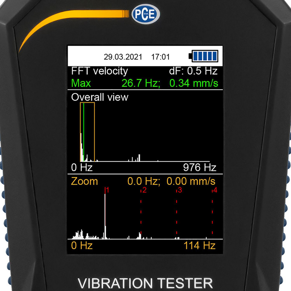 PCE Instruments Vibration Meters; Meter Type: Vibration Meter; Vibration Meter Datalogger; Vibration Tester; Vibration Measurement Range: 1-10; Display Type: 2.2" Color Display; Minimum Operating Temperature: -4; Maximum Operating Temperature: 149; Measures: Vibration; Frequency; Acceleration; Velocity - PCE-VT 3900S