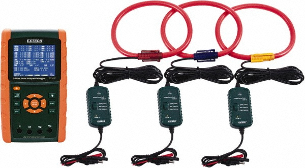 Extech 3 Phase, 600 VAC, 0.20 to 1,200 Amp Capability, 45 to 65 Hz Calibration, LCD Display Power Meter - 382100