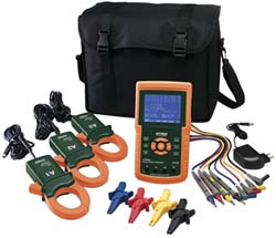 Extech 3 Phase, 600 VAC, 0.20 to 1,200 Amp Capability, 45 to 65 Hz Calibration, LCD Display Power Meter - 382100