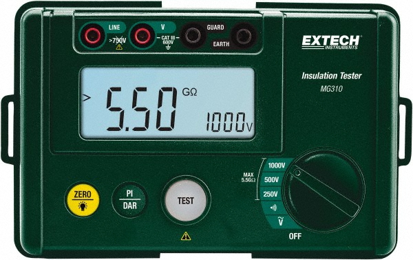 Klein Tools Megohmmeters: Display Type: LCD; Power Supply: AA Batteries; Resistance Capacity (Megohm): 4000; Maximum Test Voltage: 1000 - ET600