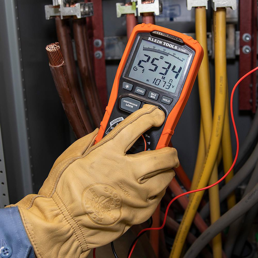 Klein Tools Megohmmeters: Display Type: LCD; Power Supply: AA Batteries; Resistance Capacity (Megohm): 4000; Maximum Test Voltage: 1000 - ET600