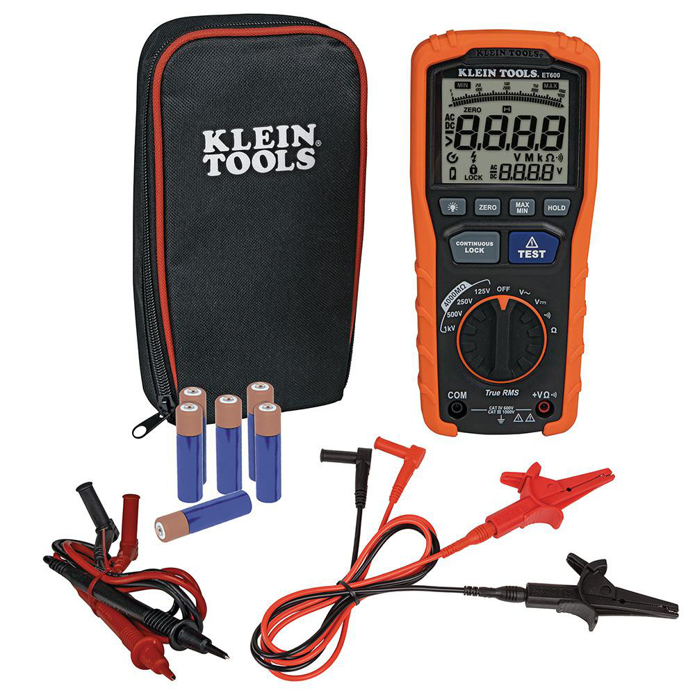 Klein Tools Megohmmeters: Display Type: LCD; Power Supply: AA Batteries; Resistance Capacity (Megohm): 4000; Maximum Test Voltage: 1000 - ET600
