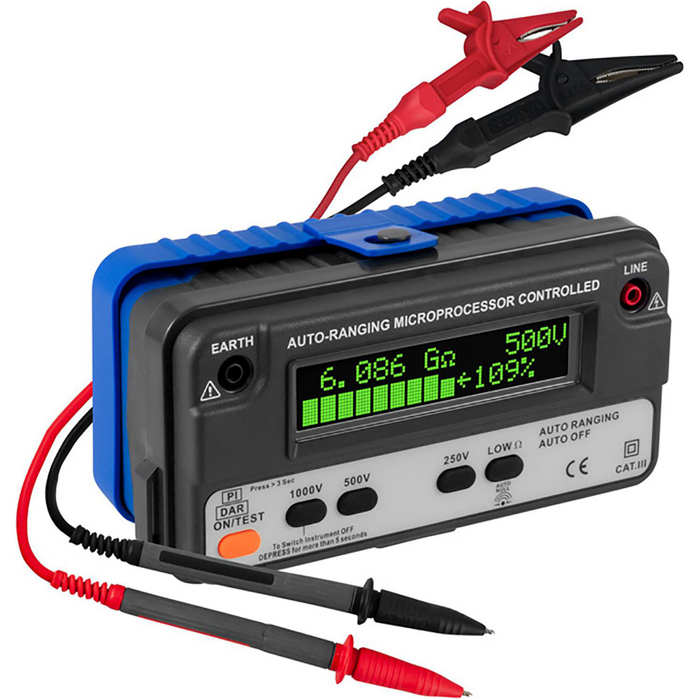 Klein Tools Megohmmeters: Display Type: LCD; Power Supply: AA Batteries; Resistance Capacity (Megohm): 4000; Maximum Test Voltage: 1000 - ET600