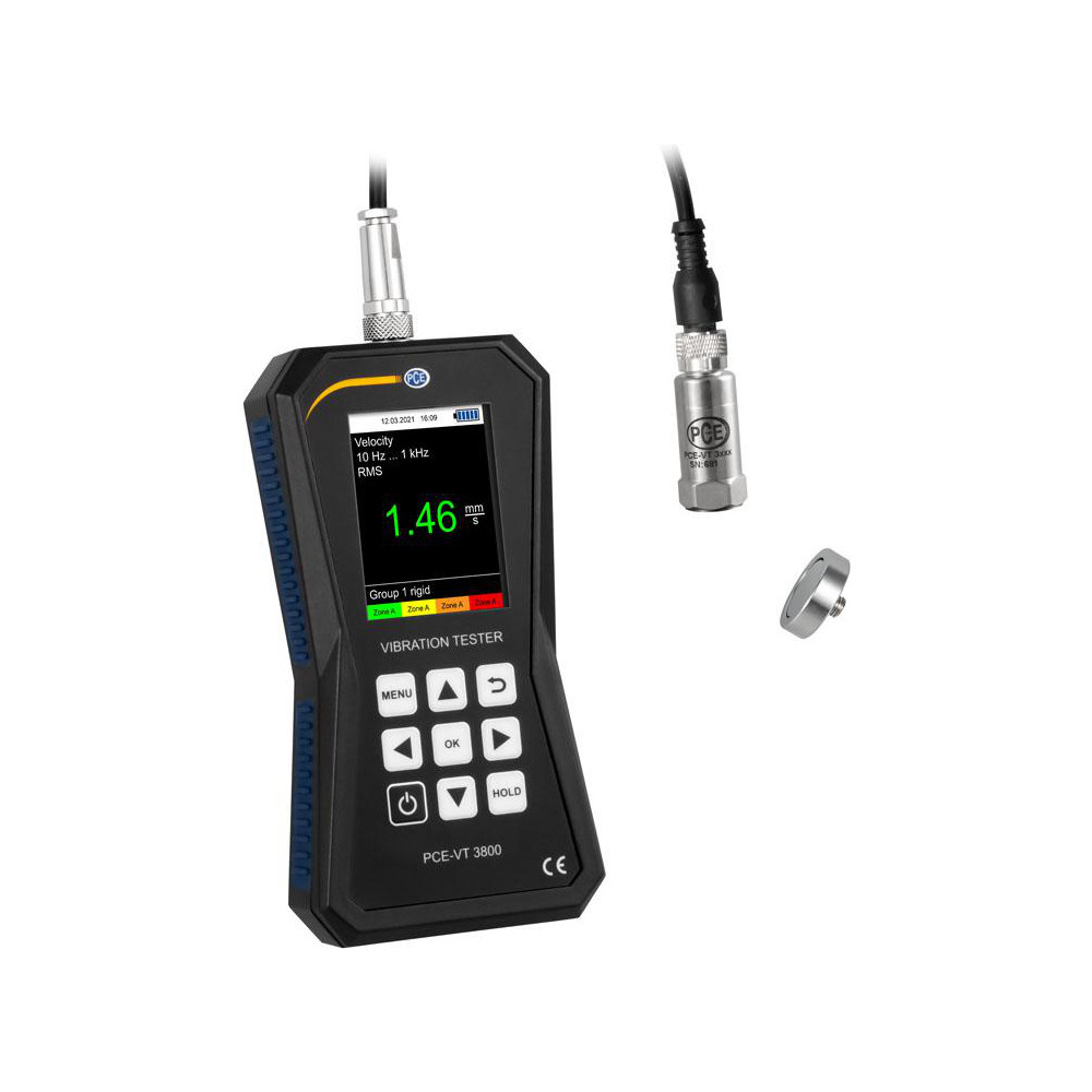 PCE Instruments Vibration Meters; Meter Type: Vibration Meter; Vibration Meter Datalogger; Vibration Tester; Vibration Measurement Range: 1-10; Display Type: 2.2" Color Display; Minimum Operating Temperature: -4; Maximum Operating Temperature: 149; Measures: Vibration; Frequency; Acceleration; Velocity - PCE-VT 3800S