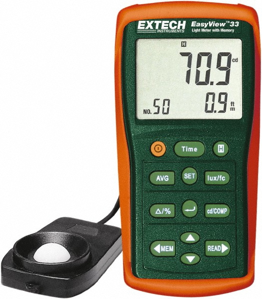 Extech 9 Volt Battery, 5,000 FC, LCD Display, Color Corrected Photodiode, Light Meter - 407026