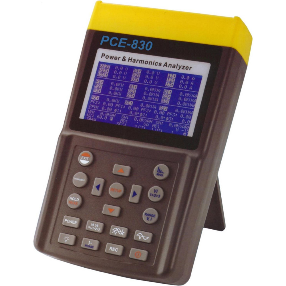 PCE Instruments Power Meters; Meter Type: Power Quality Analyzer; Application: Power Meter; Maximum Current Capability (A): 3000.00; Maximum Solar Power Measurement: 1 kW; Power Factor: 1; Peak Capture: Yes; Storage: 512; Cat Rating: CAT III; Data Logging: Yes; Overall Height: 10.1 in; Overall Length: 6.10 - PCE-830-3
