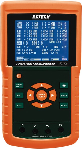 Extech 3 Phase, 600 VAC, 200 to 3,000 Amp Capability, 45 to 65 Hz Calibration, LCD Display Power Meter - PQ3450