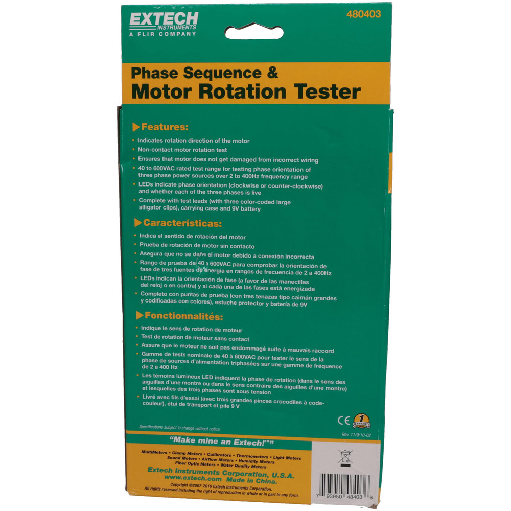 Extech 3 Phase, 40 to 600 VAC, 2 to 400 Hz, 32 to 104°F, LED Display Phase Rotation Tester - 480403