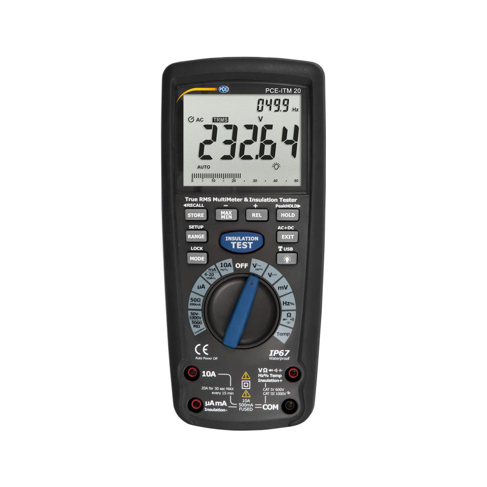 PCE Instruments Electrical Insulation Resistance Testers & Megohmmeters; Display Type: Digital LCD; Power Supply: Battery Operated Megohmmeters; Resistance Capacity (Megohm): 4000; Maximum Test Voltage: 1000 V; Amperage: 0.5000; Overall Length: 8.60; Overall Height: 1.9 in; Overall Width: 4 - PCE-ITM 20