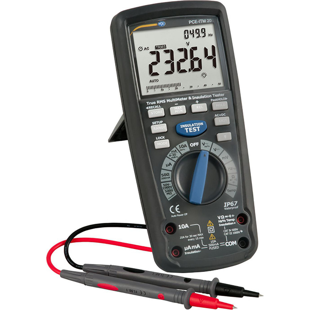 PCE Instruments Electrical Insulation Resistance Testers & Megohmmeters; Display Type: Digital LCD; Power Supply: Battery Operated Megohmmeters; Resistance Capacity (Megohm): 4000; Maximum Test Voltage: 1000 V; Amperage: 0.5000; Overall Length: 8.60; Overall Height: 1.9 in; Overall Width: 4 - PCE-ITM 20