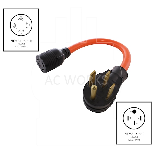 Ac Works 1.5FT 14-50P 50A Plug to L14-30R 4-Prong 30A Generator Locking Connector - S1450L1430-018