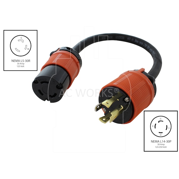 Ac Works 1.5FT L14-30P 4-Prong 30A Locking Plug to L5-30R 30A 125V 3-Prong Connector - L1430L530-018