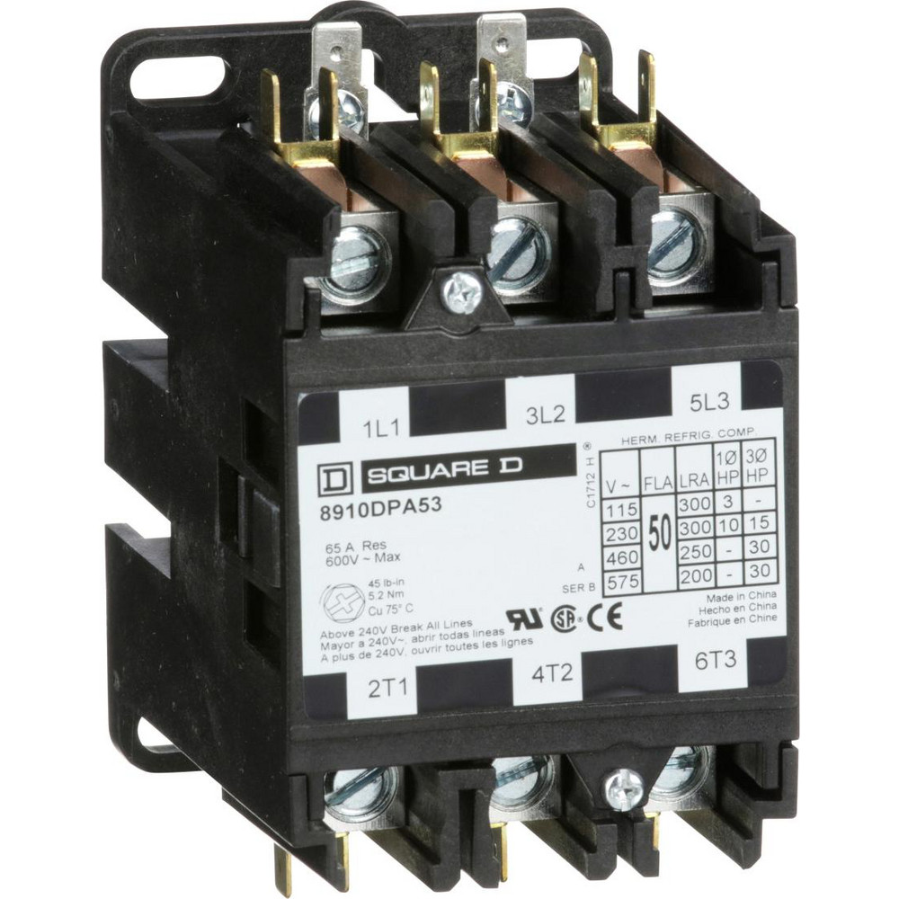 Square D 3 Pole, 60 Amp Inductive Load, 208 to 240 Coil VAC at 60 Hz and 220 Coil VAC at 50 Hz, Nonreversible Definite Purpose Contactor - 8910DPA63V09Y125