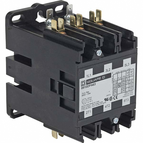 Square D 3 Pole, 60 Amp Inductive Load, 208 to 240 Coil VAC at 60 Hz and 220 Coil VAC at 50 Hz, Nonreversible Definite Purpose Contactor - 8910DPA63V09Y125