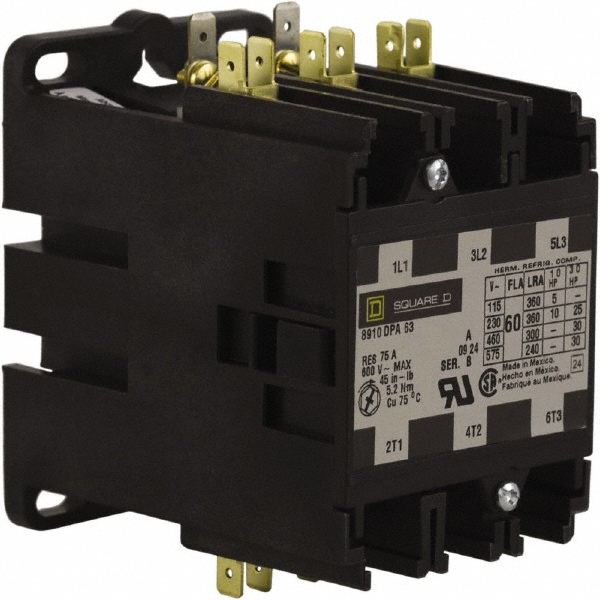 Square D 3 Pole, 60 Amp Inductive Load, 208 to 240 Coil VAC at 60 Hz and 220 Coil VAC at 50 Hz, Nonreversible Definite Purpose Contactor - 8910DPA63V09Y125