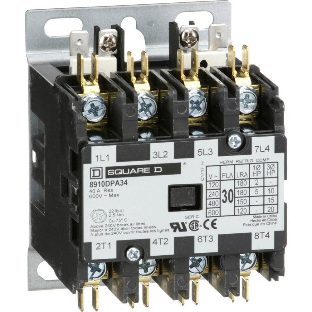 Square D 4 Pole, 30 Amp Inductive Load, 208 to 240 Coil VAC at 60 Hz and 220 Coil VAC at 50 Hz, Definite Purpose Contactor - 8910DPA34V09