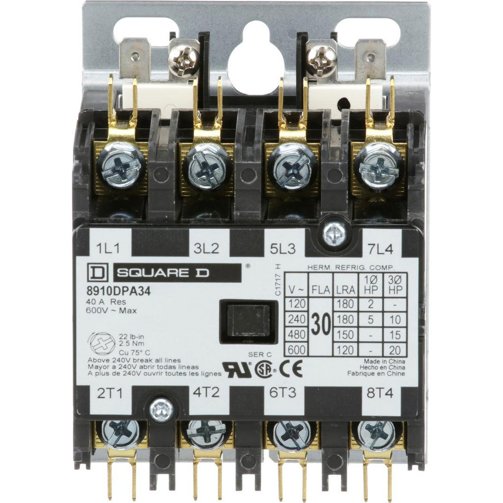 Square D 4 Pole, 30 Amp Inductive Load, 208 to 240 Coil VAC at 60 Hz and 220 Coil VAC at 50 Hz, Definite Purpose Contactor - 8910DPA34V09