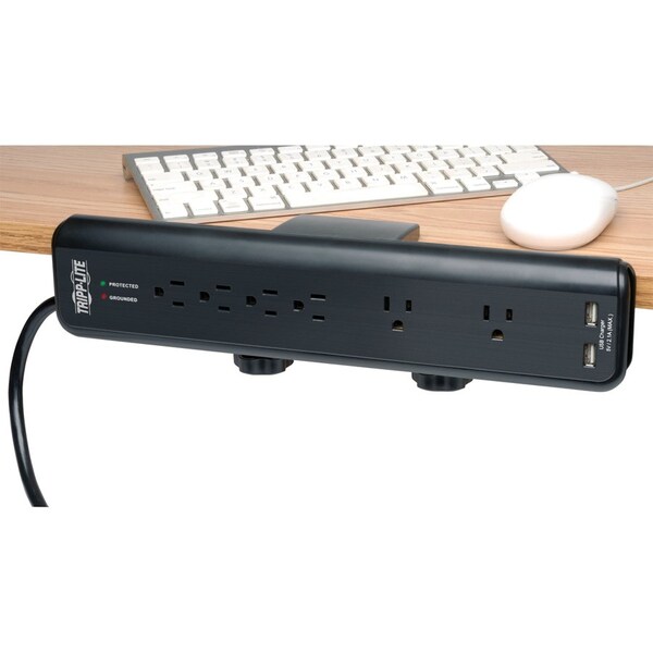Tripp Lite Surge Protector, 6-Outlet, 2 USB, 2100J, Clamp, BK - TRPTLP606DMUSB