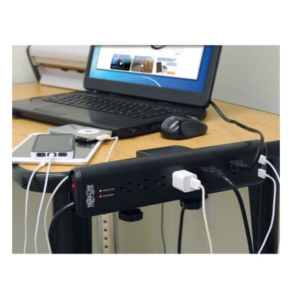 Tripp Lite Surge Protector, 6-Outlet, 2 USB, 2100J, Clamp, BK - TRPTLP606DMUSB