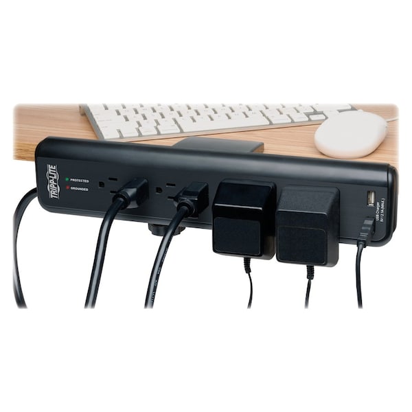 Tripp Lite Surge Protector, 6-Outlet, 2 USB, 2100J, Clamp, BK - TRPTLP606DMUSB