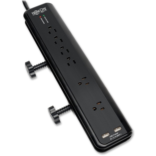 Tripp Lite Surge Protector, 6-Outlet, 2 USB, 2100J, Clamp, BK - TRPTLP606DMUSB