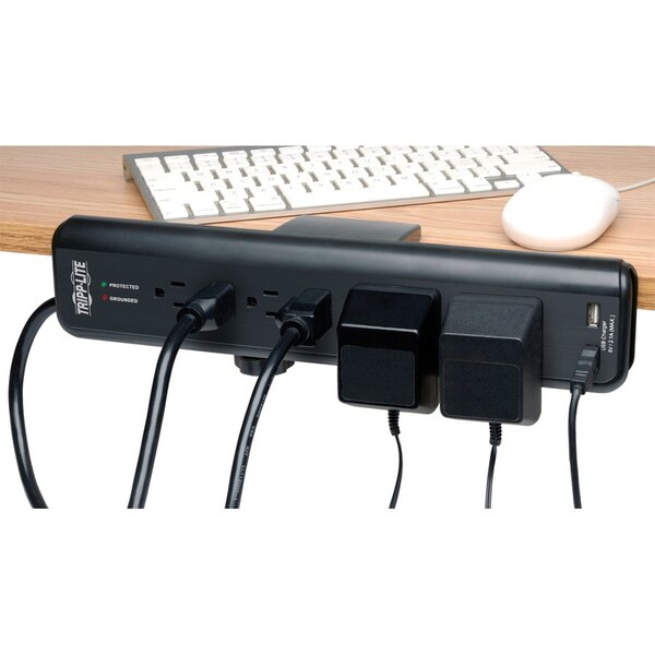 Tripp Lite Surge Protector, 6-Outlet, 2 USB, 2100J, Clamp, BK - TRPTLP606DMUSB