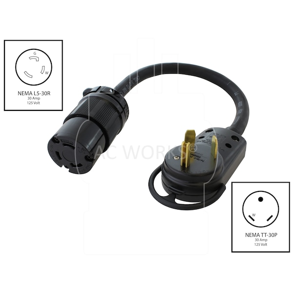 Ac Works 1.5ft  RV 30A 125V TT-30P to NEMA L5-30R 30Amp 125V Locking Female Adapter Cord - TT30L530-018