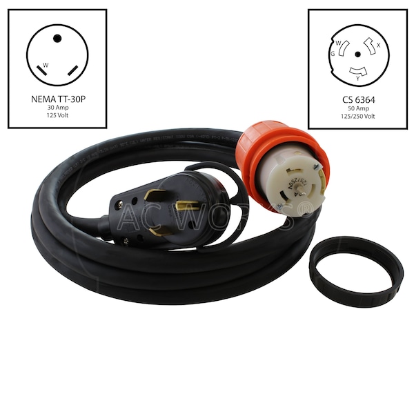 Ac Works 25ft Temporary Power RV 30A TT-30P Plug to CS6364 50A Locking Female Rubber Adapter Cord - TETT-025