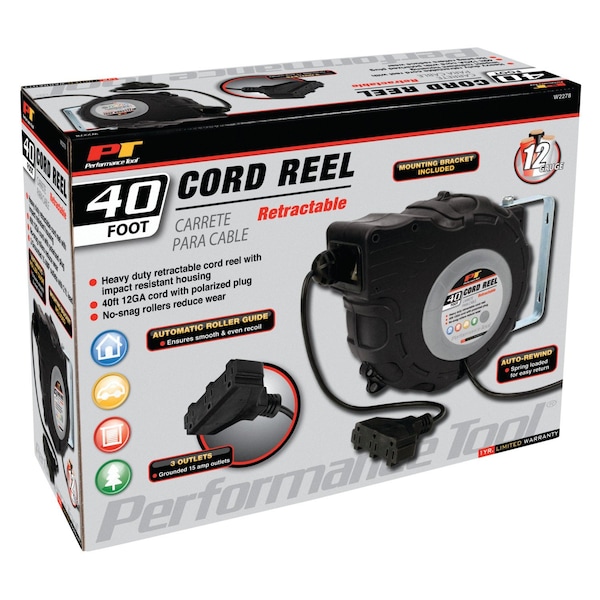 Perform Tool Retractable 40 Foot of 12 Gauge 15 Amp Cord With Polarized Plug Black Wall Mount - W2278