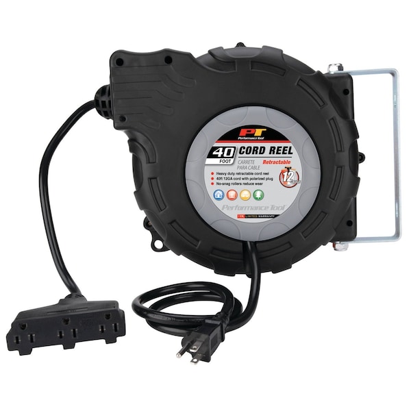 Perform Tool Retractable 40 Foot of 12 Gauge 15 Amp Cord With Polarized Plug Black Wall Mount - W2278
