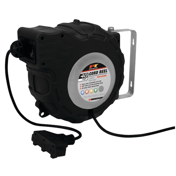 Perform Tool Retractable 40 Foot of 12 Gauge 15 Amp Cord With Polarized Plug Black Wall Mount - W2278