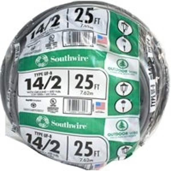 Romex Southwire Feeder Cable with Ground, 14 AWG Wire, 2 -Conductor, 25 ft L, Copper Conductor, PVC Sheath - 14/2UF-W/GX25